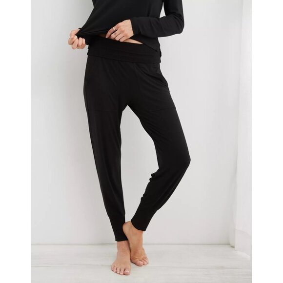 Aerie Real Soft Foldover Jogger Size XS Pull On Solid Black Sporty Workout NEW - Picture 1 of 13